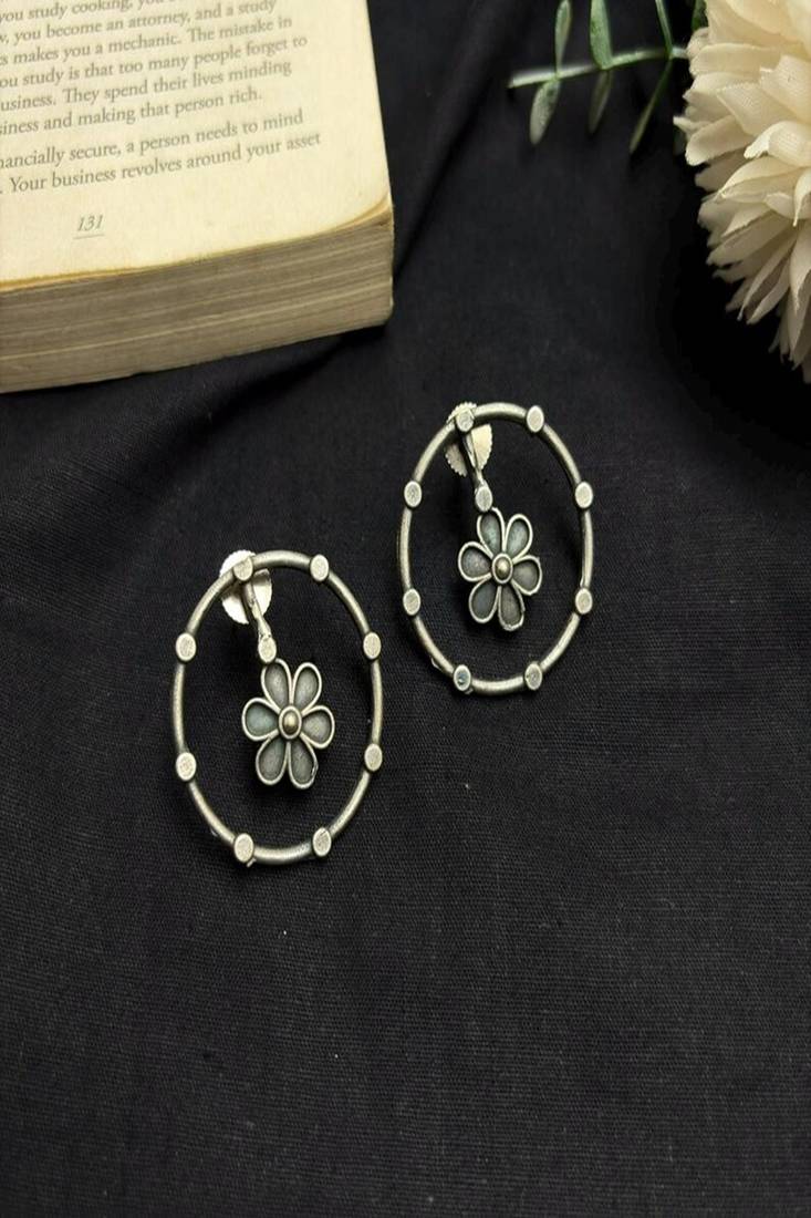 Oxidized Silver Floral Circle Earrings, Handcrafted Boho Studs, Indian Ethnic Jewelry