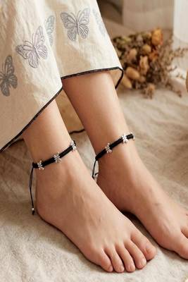 Black Thread Anklet Pair with Silver Butterfly Charms, Oxidized Barefoot Sandals, Indian Payal 1