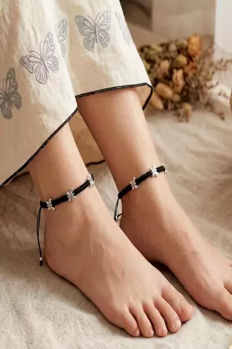 Black Thread Anklet Pair with Silver Butterfly Charms, Oxidized Barefoot Sandals, Indian Payal