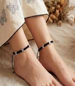 Black Thread Anklet Pair with Silver Butterfly Charms, Oxidized Barefoot Sandals, Indian Payal