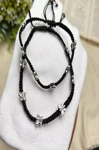 Black Thread Anklet Pair with Silver Butterfly Charms, Oxidized Barefoot Sandals, Indian Payal