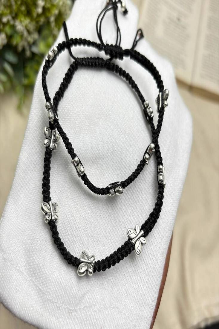 Black Thread Anklet Pair with Silver Butterfly Charms, Oxidized Barefoot Sandals, Indian Payal