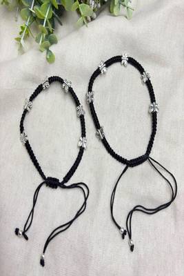 Black Thread Anklet Pair with Silver Butterfly Charms, Oxidized Barefoot Sandals, Indian Payal 3
