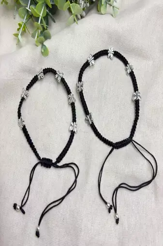 Black Thread Anklet Pair with Silver Butterfly Charms, Oxidized Barefoot Sandals, Indian Payal