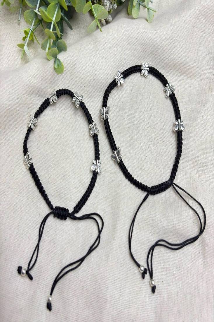 Black Thread Anklet Pair with Silver Butterfly Charms, Oxidized Barefoot Sandals, Indian Payal