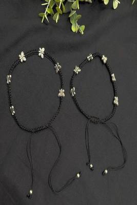 Black Thread Anklet Pair with Silver Butterfly Charms, Oxidized Barefoot Sandals, Indian Payal 4