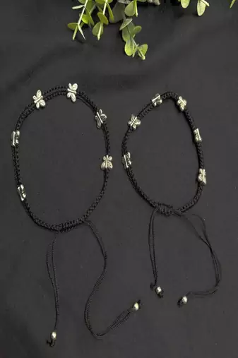 Black Thread Anklet Pair with Silver Butterfly Charms, Oxidized Barefoot Sandals, Indian Payal