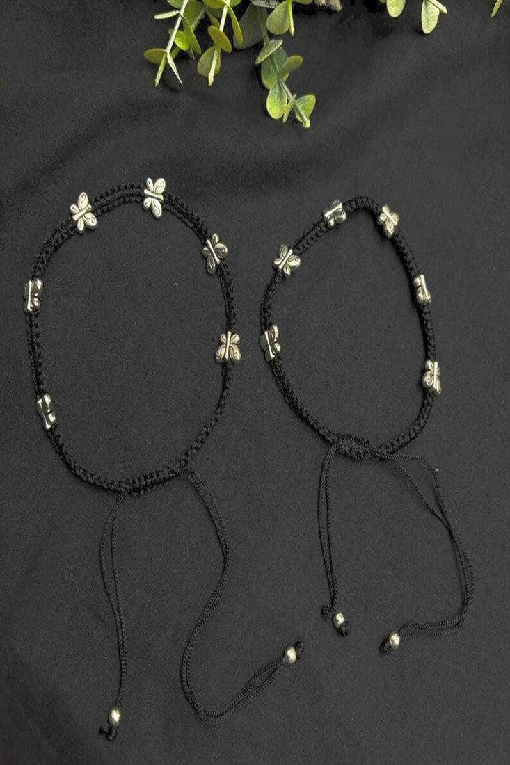 Black Thread Anklet Pair with Silver Butterfly Charms, Oxidized Barefoot Sandals, Indian Payal