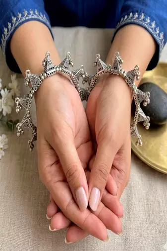 oxidised Silver Plated Tribal cuff Bangles, Oxidized Ghungroo domb Bracelet