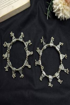 oxidised Silver Plated Tribal cuff Bangles, Oxidized Ghungroo domb Bracelet 2