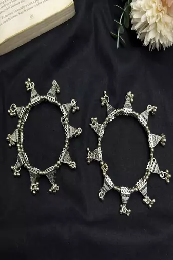oxidised Silver Plated Tribal cuff Bangles, Oxidized Ghungroo domb Bracelet