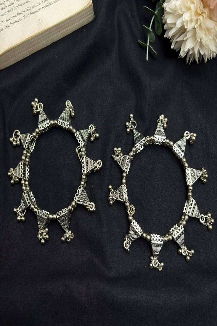 oxidised Silver Plated Tribal cuff Bangles, Oxidized Ghungroo domb Bracelet