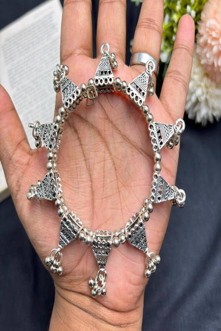 oxidised Silver Plated Tribal cuff Bangles, Oxidized Ghungroo domb Bracelet