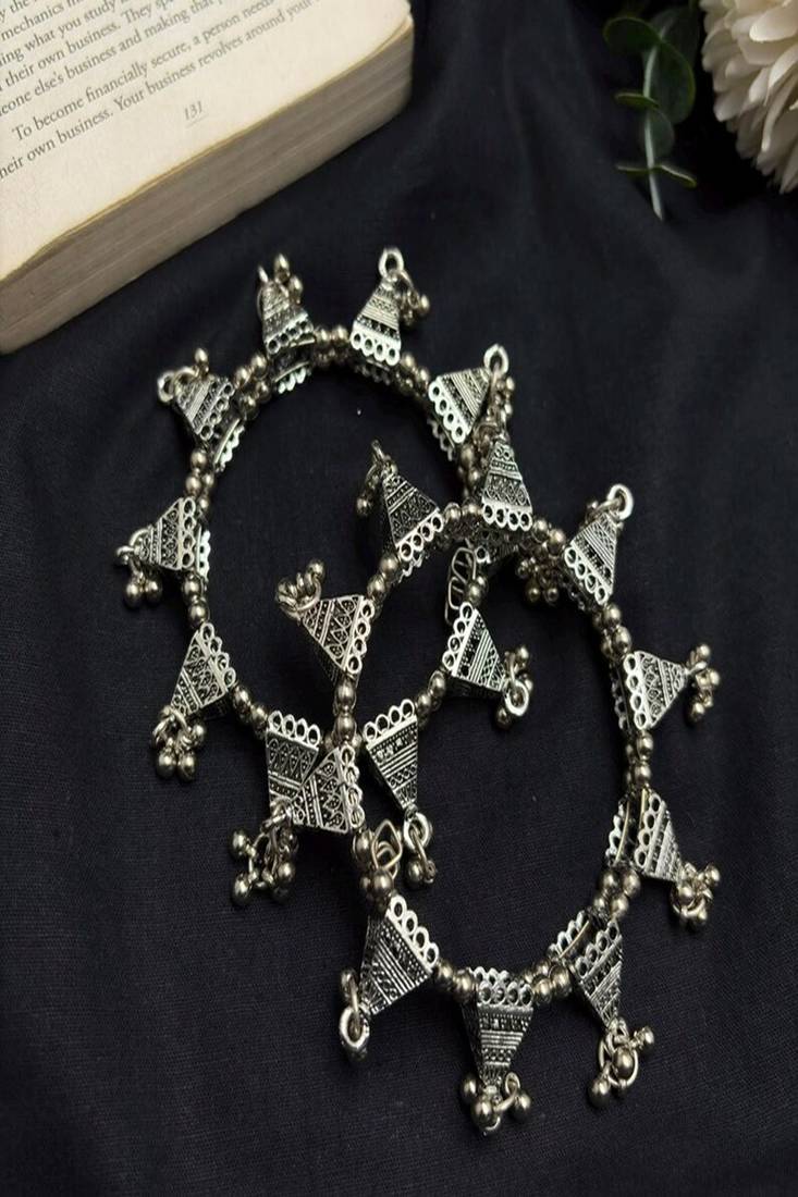 oxidised Silver Plated Tribal cuff Bangles, Oxidized Ghungroo domb Bracelet