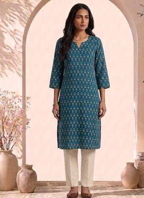 Philauri women teal blue printed straight kurta 1