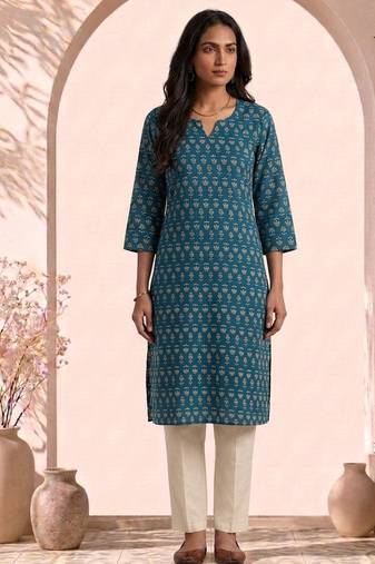 Philauri women teal blue printed straight kurta