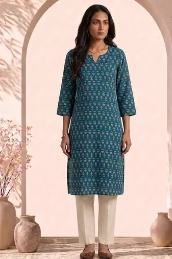 Philauri women teal blue printed straight kurta