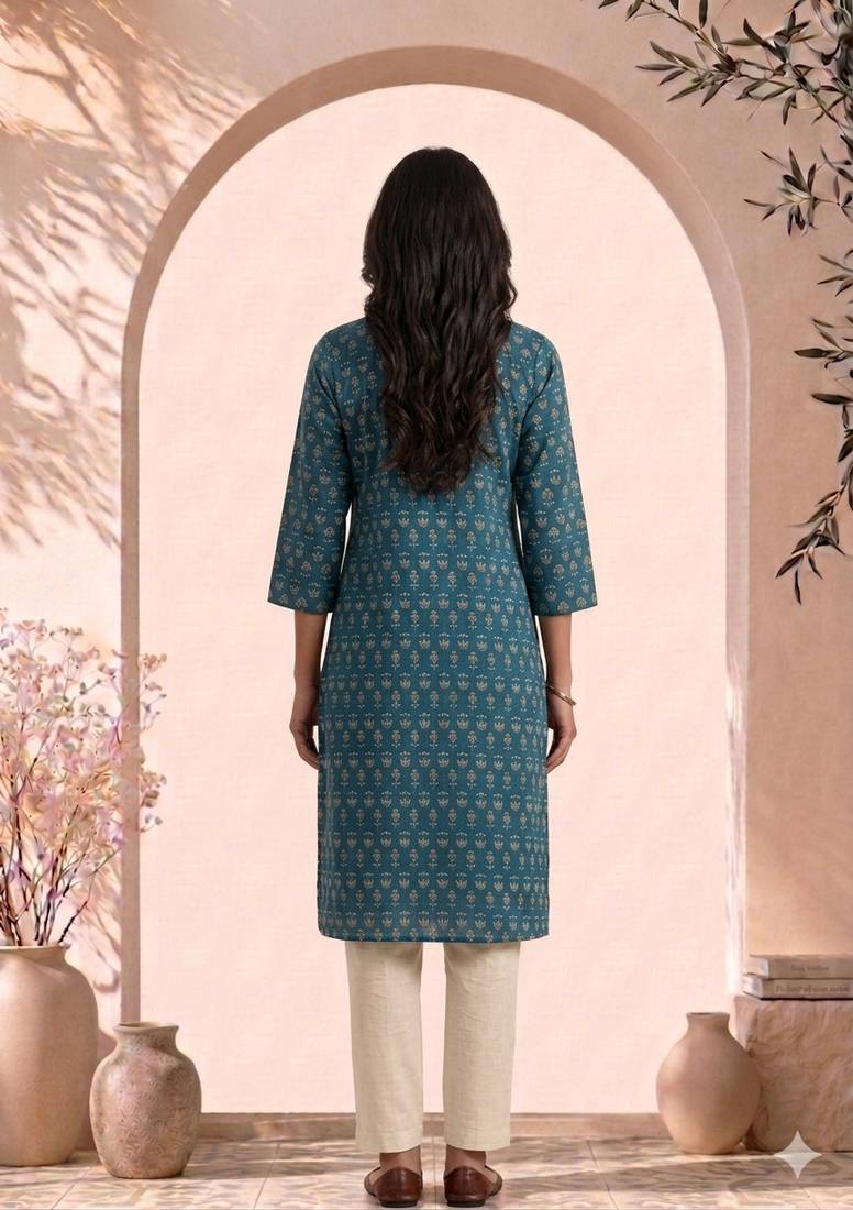 Philauri women teal blue printed straight kurta