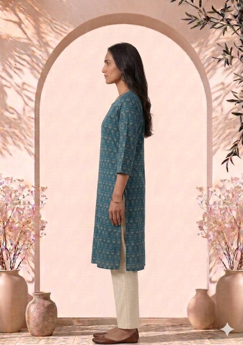 Philauri women teal blue printed straight kurta