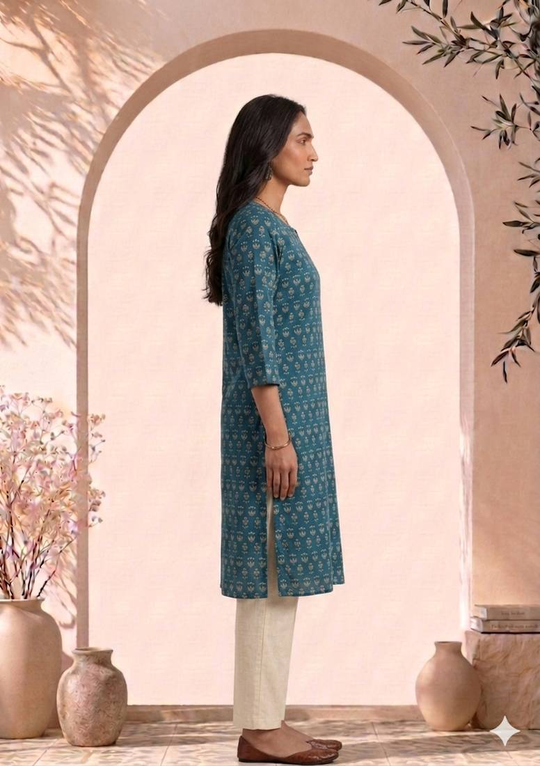 Philauri women teal blue printed straight kurta