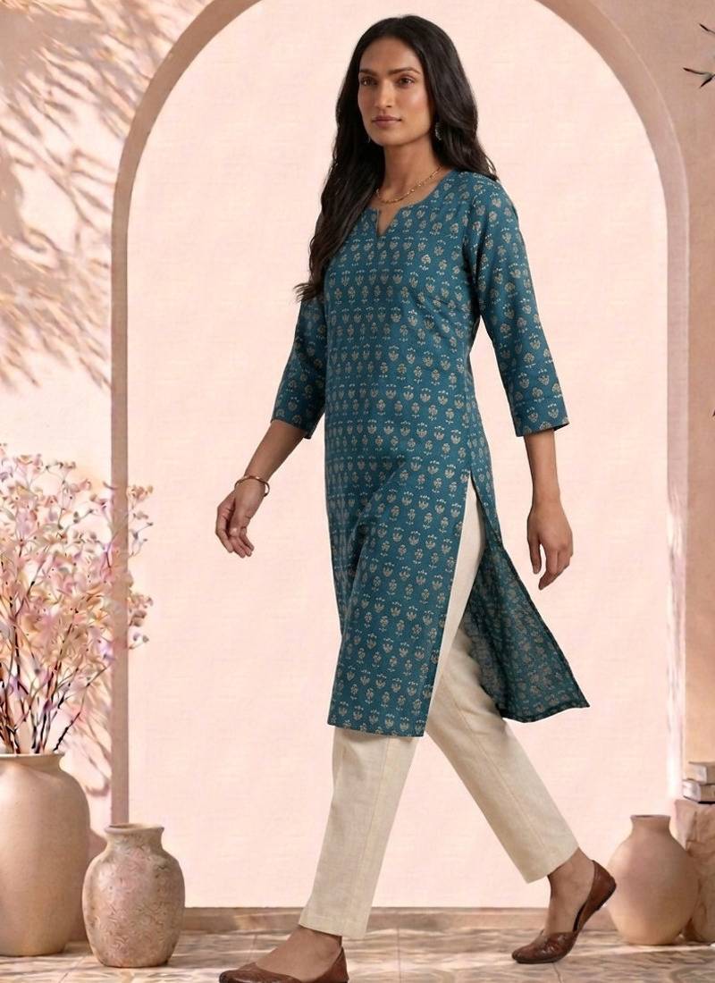 Philauri women teal blue printed straight kurta