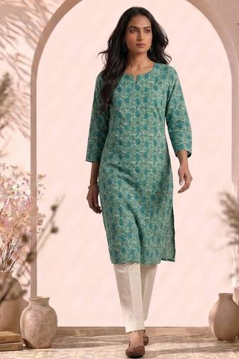 Philauri women gren floral printed straight kurta