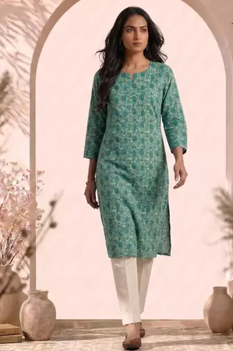 Philauri women gren floral printed straight kurta