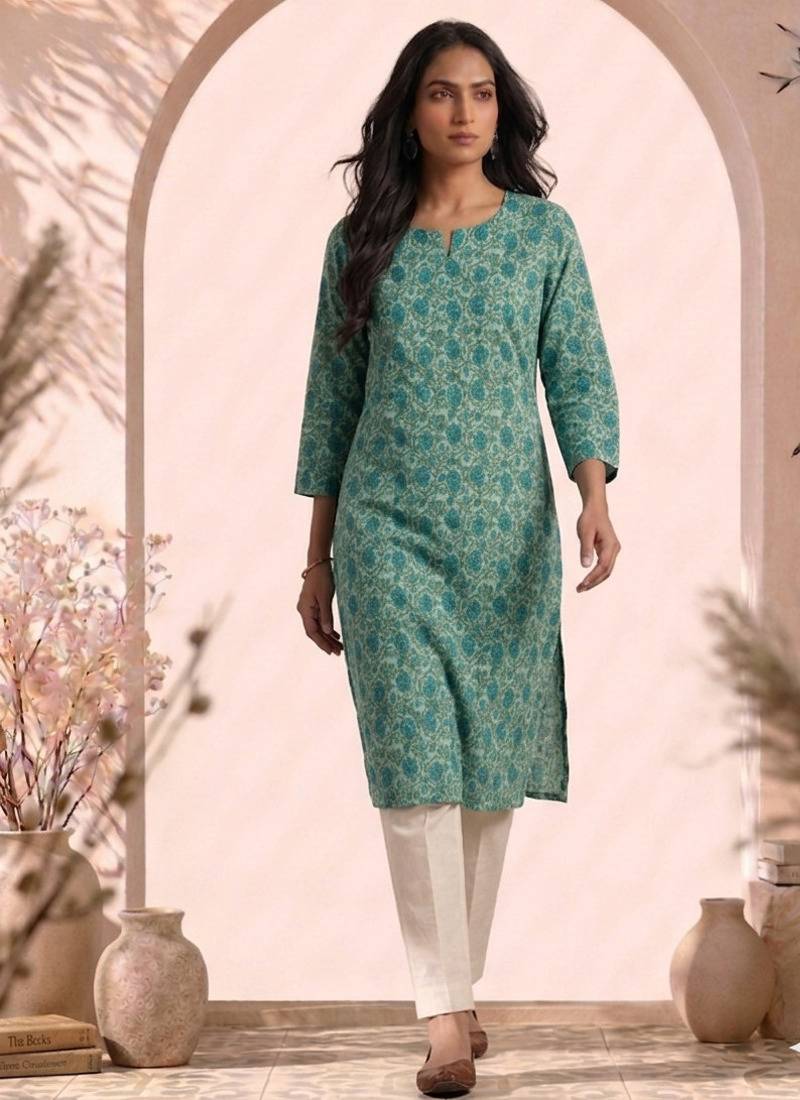 Philauri women gren floral printed straight kurta