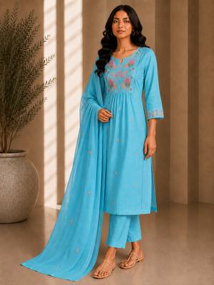 Philauri women's embroidered sky blue kurta set 1