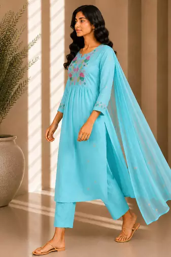 Philauri women's embroidered sky blue kurta set