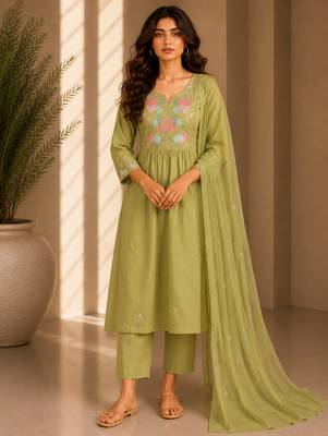 Philauri women's embroidered olive green  kurta set 1