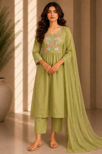 Philauri women's embroidered olive green  kurta set