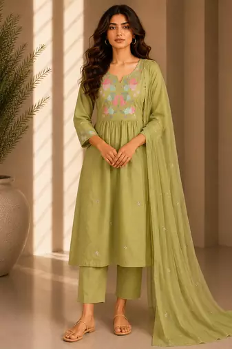 Philauri women's embroidered olive green  kurta set