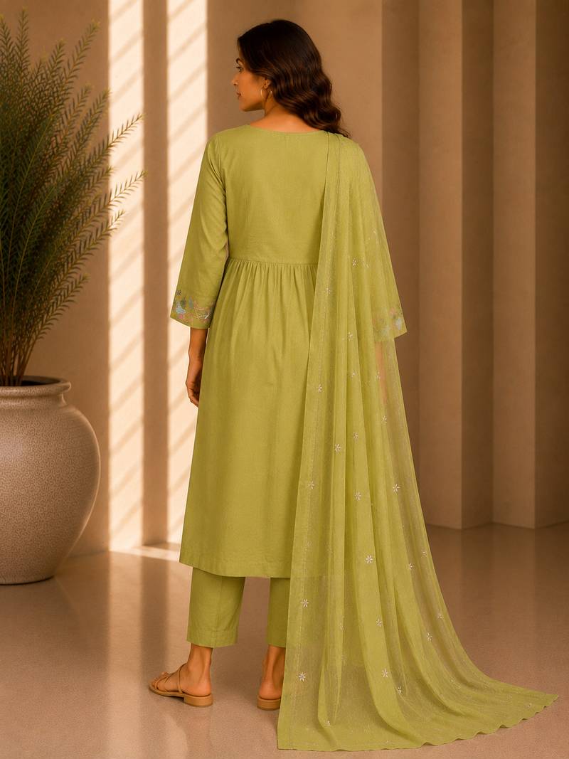 Philauri women's embroidered olive green  kurta set