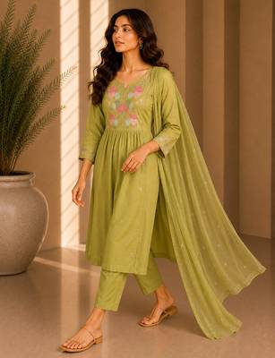 Philauri women's embroidered olive green  kurta set 3