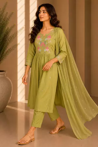 Philauri women's embroidered olive green  kurta set