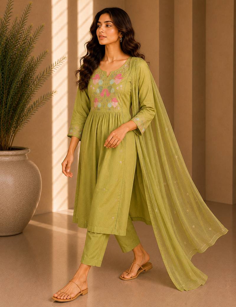 Philauri women's embroidered olive green  kurta set