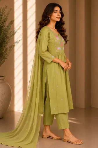 Philauri women's embroidered olive green  kurta set