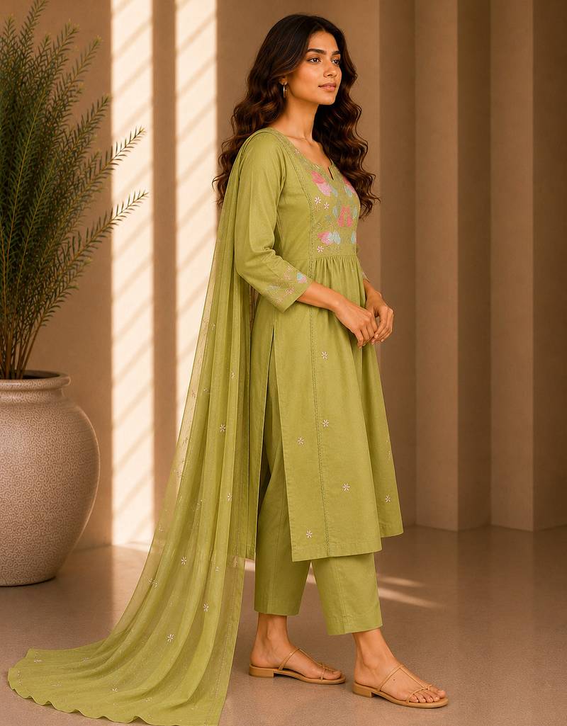 Philauri women's embroidered olive green  kurta set