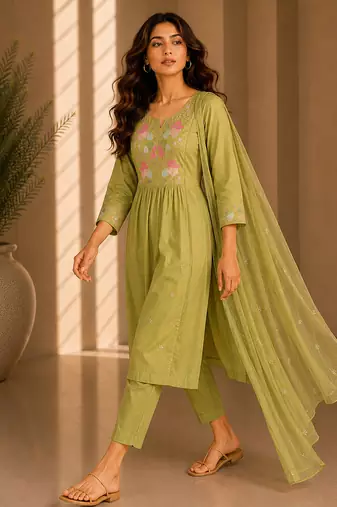 Philauri women's embroidered olive green  kurta set