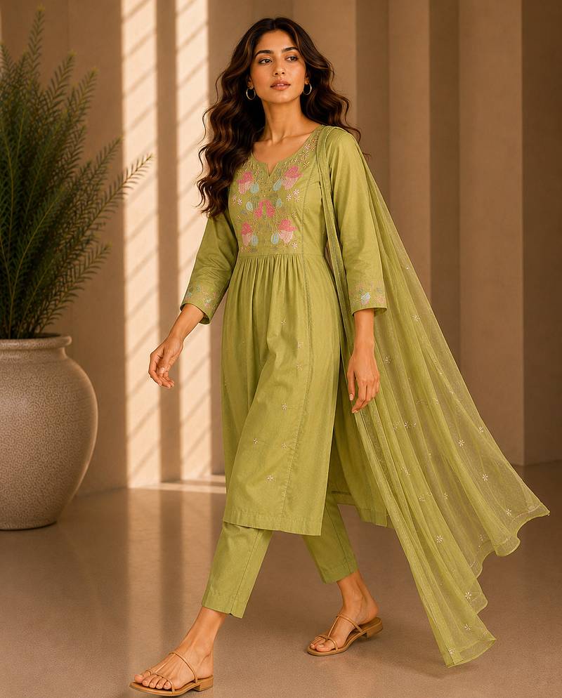 Philauri women's embroidered olive green  kurta set