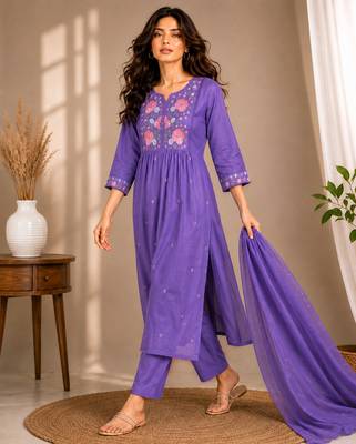 Philauri women's embroidered purple kurta set 3