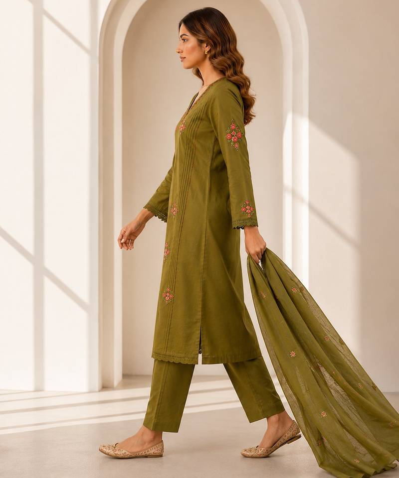 Women embroidered kurta set with trousers & dupatta