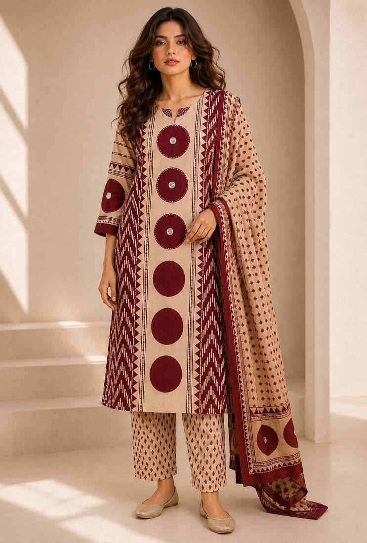 Women printed kurta set with trousers & dupatta