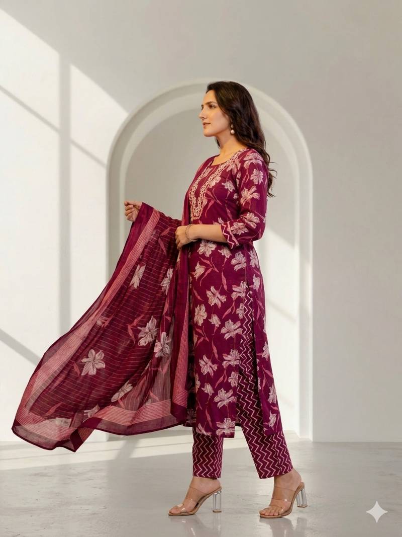 Women floral printed kurta pant with dupatta set