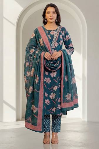 Women floral printed kurta pant with dupatta set