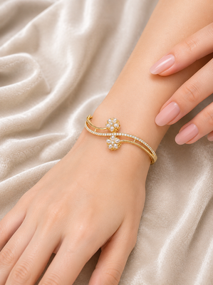 Gold-toned pearl floral kada bracelet with cz stones openable free size  1