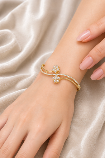 Gold-toned pearl floral kada bracelet with cz stones openable free size 