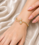 Gold-toned pearl floral kada bracelet with cz stones openable free size 