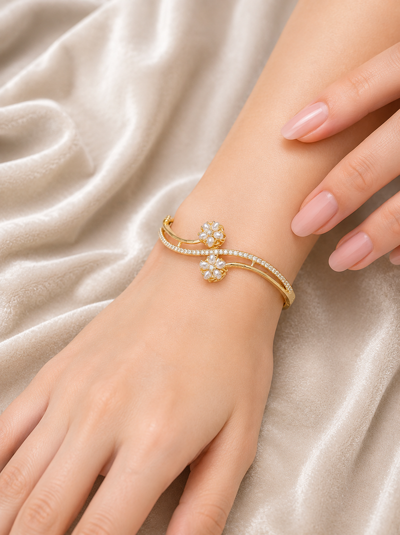 Gold-toned pearl floral kada bracelet with cz stones openable free size 